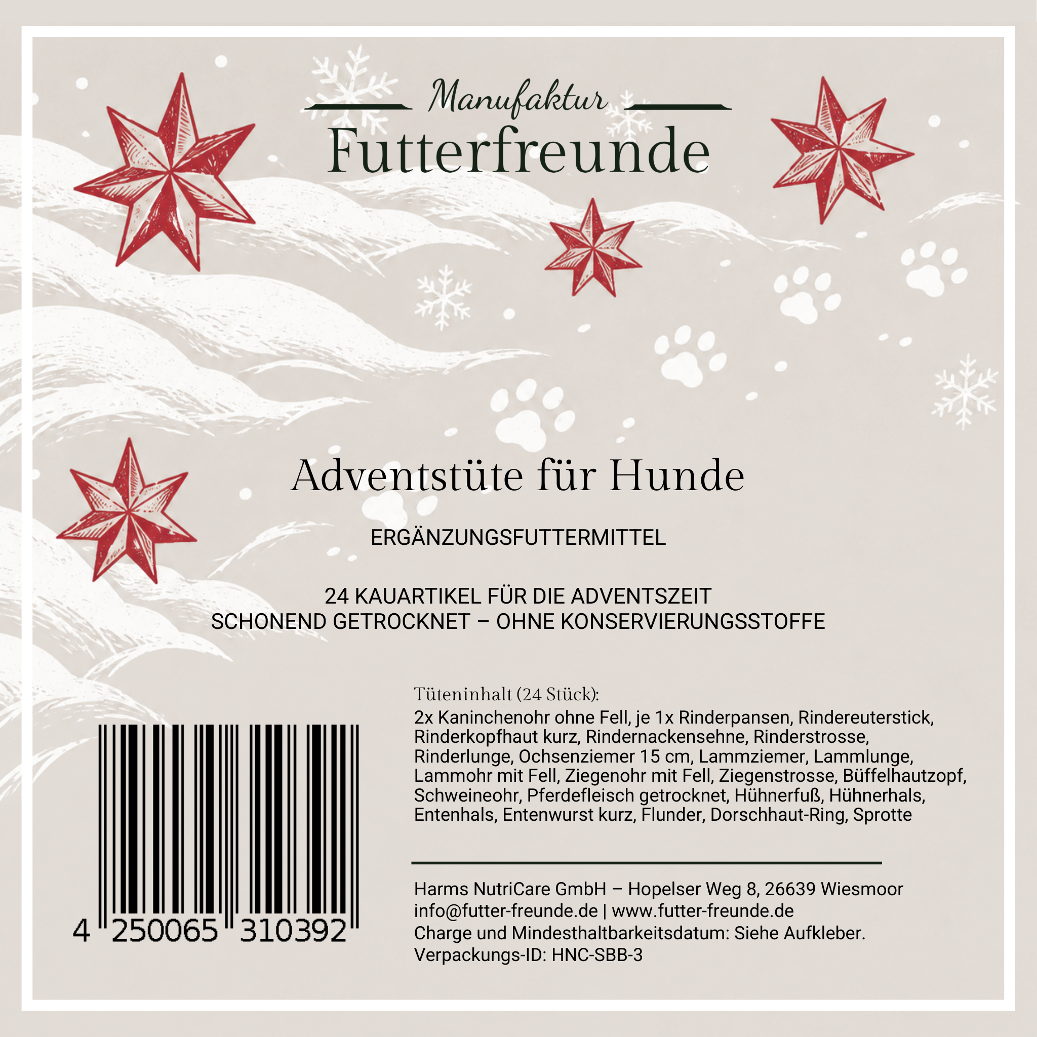 Adventstüte für Hunde, Etikett mit 24 Kauartikeln